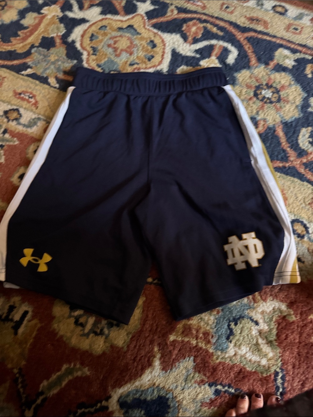 Under Armour Navy Notre Dame Athletic Shorts with White Stripes and Gold Logos
